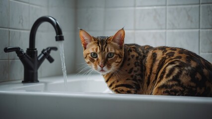 Bengal cat washes itself in the bathroom.