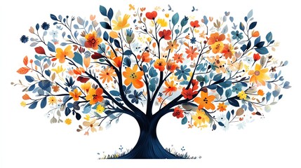 Watercolor painting of a colorful tree with flowers and leaves.