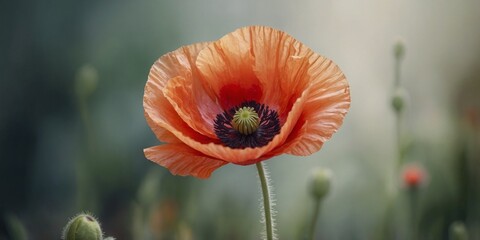 Obraz premium Watercolor clipart of a vibrant poppy a single stem with petals unfurling.