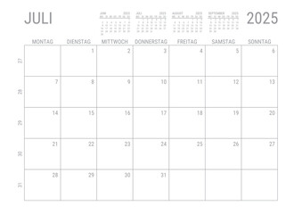 Monat Kalender Juli 2025 Monatskalender Kalenderblatt Kalendarium mit Kalenderwoche Planer DIN A4 Deutsch