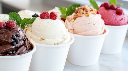 An assortment of differently flavored ice creams in white cups decorated with fruits and nuts. The image showcases a colorful and refreshing variety of cold desserts.