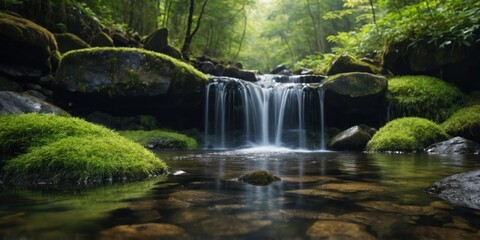 Naklejka premium Natural waterfall with rocks and green moss waterfall Natural wallpaper.
