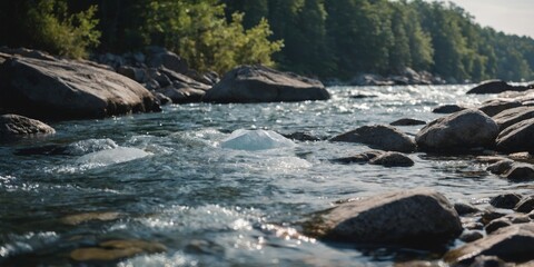 A rocky river bank with an ice bath nestled a the rocks offering a refreshing dip while surrounded by nature.