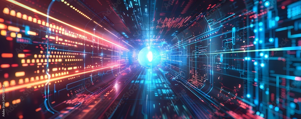 Poster abstract futuristic tunnel with glowing lines and data