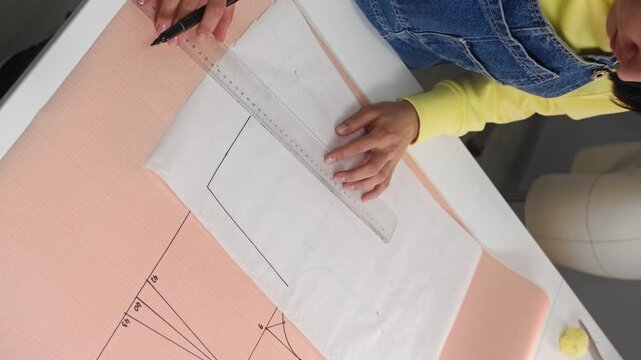 Top view of the seamstress's hands is shown, creating a drawing using ruler and marker. Vertical