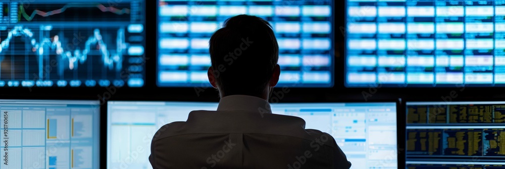 Aufkleber a trader intensely monitors multiple financial screens, analyzing stocks and financial data, reflect