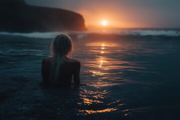Fototapeta premium Woman with long blonde hair watching a sunset over the ocean from the water