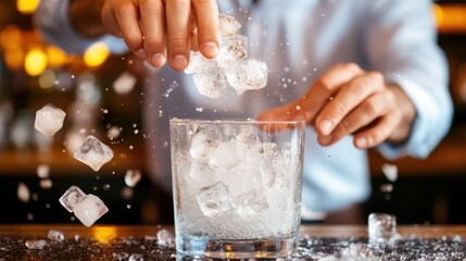 Obraz premium A bartender is dynamically tossing ice cubes into a clear glass, creating a playful and energetic scene at a bar, with ice cubes splashing around in mid-air.
