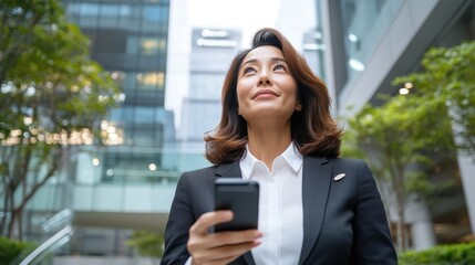 Fototapeta premium A self-assured woman in business attire holding a smartphone looks up with a backdrop of modern office buildings, symbolizing professional confidence and upward ambition.