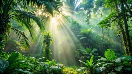 Obraz premium Tropical forest with lush green vegetation and sunlight rays filtering through mist, Tropical, forest, lush, green, leaves