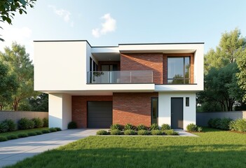 Architectural 3D Rendering: Modern House with Red Brick Facade and Landscaping