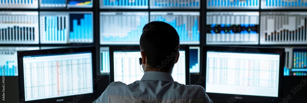 Poster individual attentively analyzing financial market charts and figures on multiple computer monitors, 