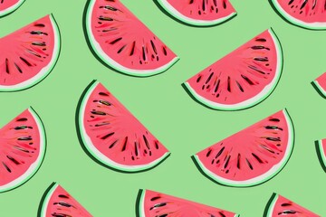 Seamless pattern with watermelon slices on a black background, flat vector illustration. For t-shirt prints and other uses.. Beautiful simple AI generated image in 4K, unique.