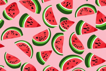 Seamless pattern with watermelon slices on a black background, flat vector illustration. For t-shirt prints and other uses.. Beautiful simple AI generated image in 4K, unique.