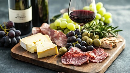 A delicious antipasto spread with cheese, meat, grapes, and olives, beautifully arranged on a wooden board with red wine, ideal for food and wine promotions.