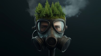 A surreal image of a person in a gas mask with a forest landscape emerging from their head, symbolizing environmental awareness.