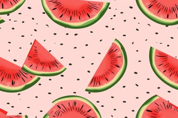 Seamless pattern with watermelon slices on a black background, flat vector illustration. For t-shirt prints and other uses.. Beautiful simple AI generated image in 4K, unique.