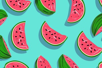 Half-cut Watermelon Fruits Logo seamless pattern Flat Design Cartoon Vector. Beautiful simple AI generated image in 4K, unique.