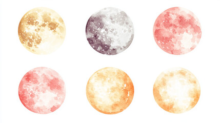 A set of watercolor illustrations depicting full moons in different color tones, perfect for celestial-themed projects and designs.
