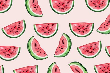Hand-drawn seamless background with slices of watermelon. Beautiful simple AI generated image in 4K, unique.