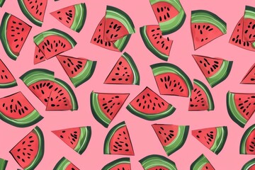 Half-cut Watermelon Fruits Logo seamless pattern Flat Design Cartoon Vector. Beautiful simple AI generated image in 4K, unique.