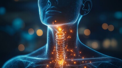 An artistic depiction of the human neck and spine, showcasing luminous energy flowing through the vertebrae and surrounding tissue.