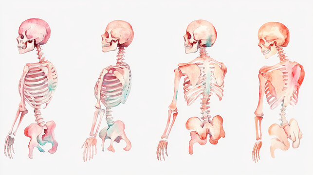 A set of watercolor illustrations featuring colorful skeletons in various poses, perfect for creative and Halloween-themed projects.
