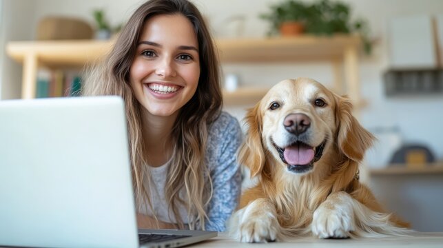 A joyful young woman and her golden retriever dog are seated at a table, smiling and using a laptop together, in a setting that highlights companionship and modern living.