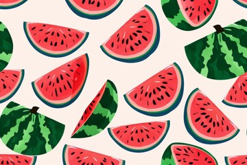 Seamless pattern with watermelon slices on a black background, flat vector illustration. For t-shirt prints and other uses.. Beautiful simple AI generated image in 4K, unique.