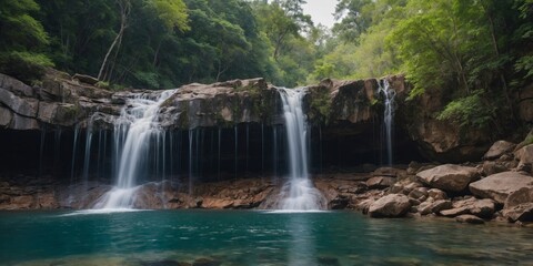 Fototapeta premium A serene waterfall cascading down a rocky cliff inviting visitors to take a dip in its refreshing waters.
