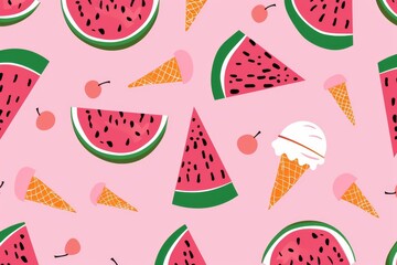 Hand-drawn seamless background with slices of watermelon. Beautiful simple AI generated image in 4K, unique.
