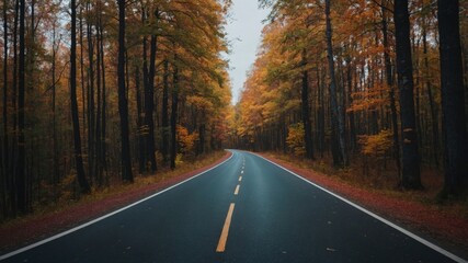 Fototapeta premium An asphalt highway in a colorful autumn forest on the way to Kaliningrad.