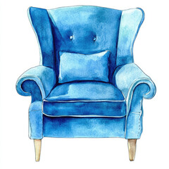 Fototapeta premium Bright Watercolor Clipart of a Cozy Blue Lounge Chair with a Relaxing Vibe