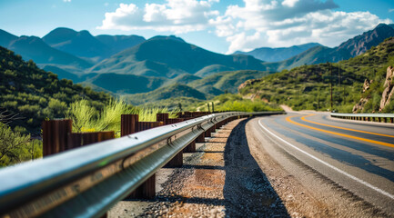 Fototapeta premium Industrial decay meets natural beauty, rusty guardrail with mountains in the background