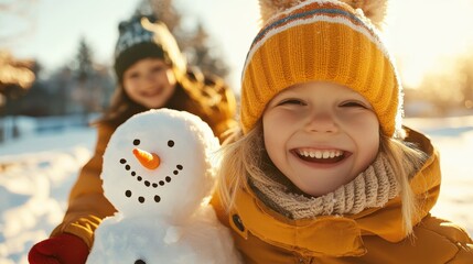 Two smiling children are seen building a snowman in the snow on a bright and sunny winter day, enjoying their outdoor activity while bundled up in warm clothing.