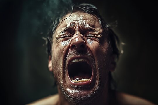 Man screaming with intense emotion, sweat and anguish on his face, dramatic close-up