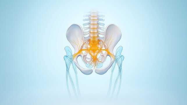 Illustration of the human pelvis with highlighted nerves and spine, emphasizing anatomy and medical education.