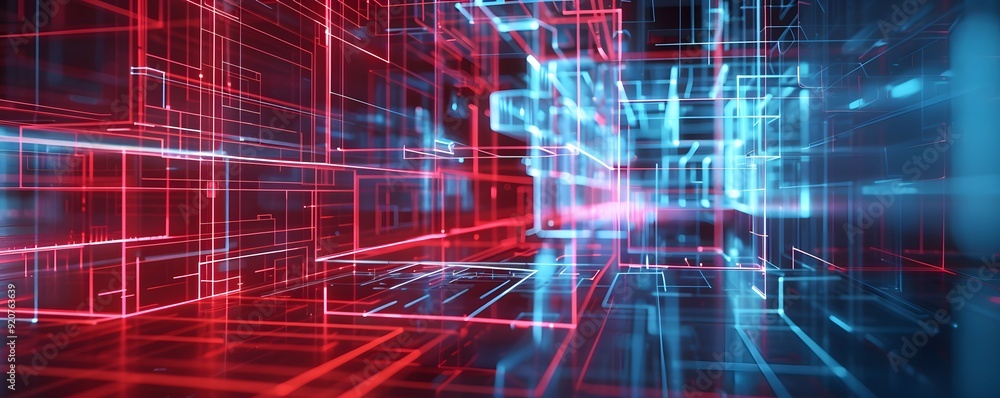 Poster abstract neon grid with red and blue lines
