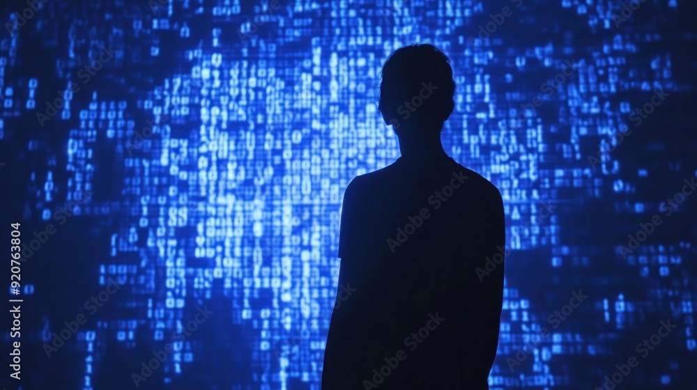 Poster silhouette of a person standing before a blue, blurred code background
