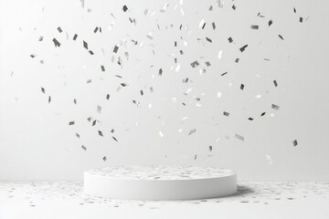 Advertise banner photo with a white round podium for a product and falling silver confetti
