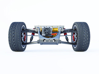 3d rendering illustration electric car drive with batteries front view isolated on white background with shadow