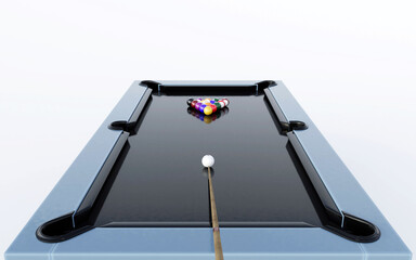 3d rendering illustration of pool table blue with black cue inserts and layers for playing isolated on white background with shadow