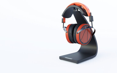 3d rendering illustration of red wireless headphones on stand isolated on white background with shadow