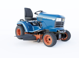 3d rendering illustration tractor lawnmower side view isolated blue on white background with shadow