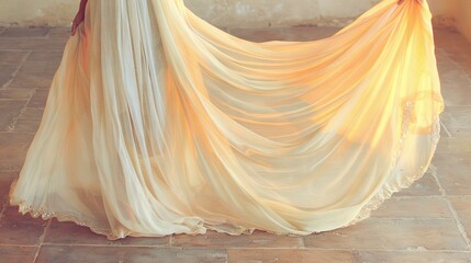   A woman stands before a window, her face obscured by her lengthy attire, yet she gazes intently at her reflection