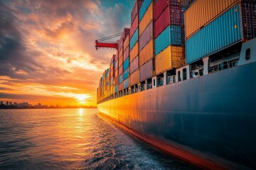 A massive cargo ship navigates the sea under a beautiful sunset sky, loaded with colorful containers, representing global trade, logistics, and the transportation of goods worldwide.