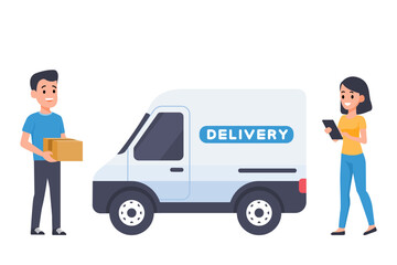 Delivery Service Concept with Courier and Van Illustration