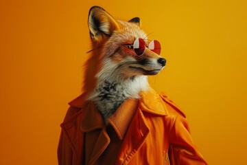 Fototapeta premium A fox is shown in a front view portrait, captured in side profile, wearing 1960s mid-century space-age fashion
