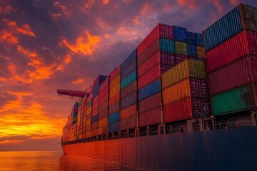 Fototapeta premium A majestic cargo ship carrying colorful containers peacefully traverses through the sea under a vividly colored sunset sky, embodying the harmony of industry and nature.