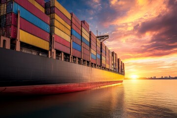 A gigantic cargo ship loaded with a variety of shipping containers sails effortlessly through serene waters during sunset, illustrating the magnitude of global trade.